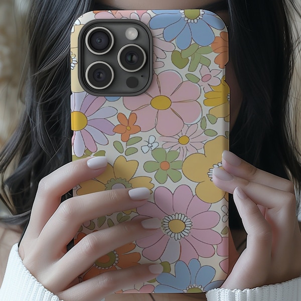 Retro Colorful Floral Phone Case, Flower Design, Spring Summer Theme, Boho Hippie Floral Case for iPhone 16 15 14 13 12 11 Pro Max 8 Plus X