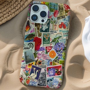 Vintage Floral Stamp Collage Phone Case, Trendy Boho Aesthetic, Scrapbook Phone Case for iPhone 17 16 15 14 13 12 11 Pro Max 8 Plus X XR