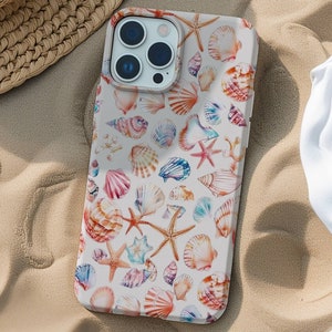 Watercolor Seashell Collage Phone Case, Beachy Tropical Phone Case, Coastal Ocean Case for iPhone 16 15 14 13 12 11 Pro Max 8 Plus X XR XS