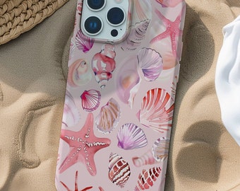 Pink Watercolor Seashell Collage Phone Case,  Cute Beachy Phone Case, Coconut Surfer Girl, for iPhone 15 14 13 12 11 Pro Max 8 Plus X XR XS