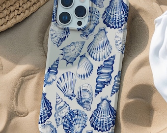 Rustic Blue Seashell Pattern Phone Case, Beachy Tropical Phone Case, Summer Coastal Ocean Case for iPhone 17 16 15 14 13 12 11 Pro Max 8