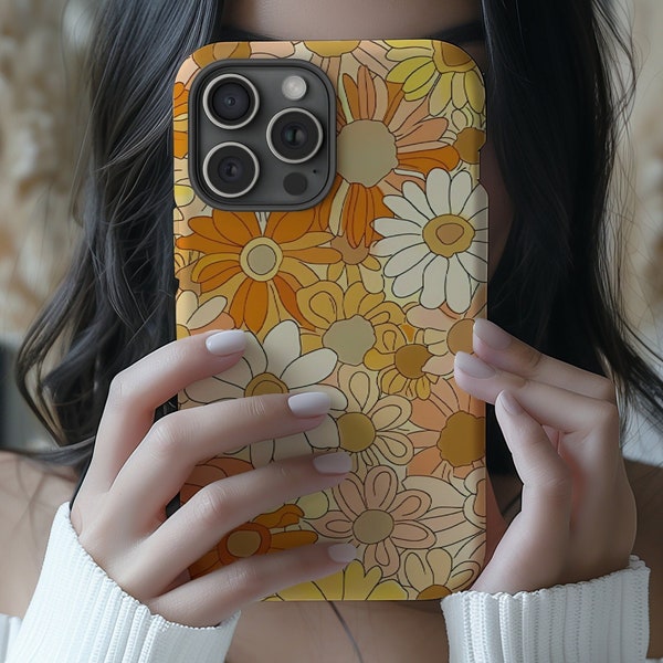 Retro Orange Flower Collage Phone Case, Sunflower Floral Print Case, Boho Hippie Aesthetic for  iPhone 17 16 15 14 13 12 11 Pro Max 8 Plus