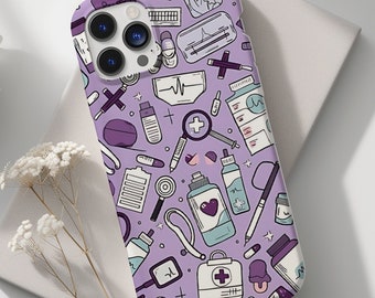 May include: A purple phone case with a pattern of medical supplies, including a stethoscope, pills, bandages, and a heart. The case has a camera cutout and a white background.