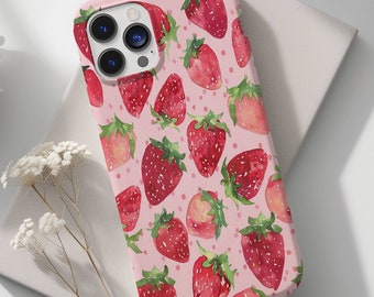 Watercolor Fruity Strawberry Phone Case, Cute Phone Case, Girly Pink Fruit Phone Case for iPhone 16 15 14 13 12 11 Pro Max 8 Plus X XR XS