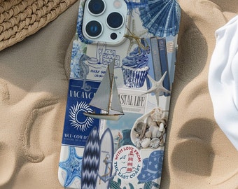 Blue Coconut Girl Coquette Collage-telefoonhoesje, Mermaid Core, Coastal Cowgirl, Coastal Bachelorette voor iPhone 17 16 15 14 13 12 11 Pro Max X