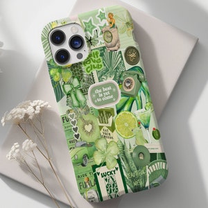 May include: Green and white phone case with a collage of images, including a green car, a clover, a heart, and the text "the best is yet to come".