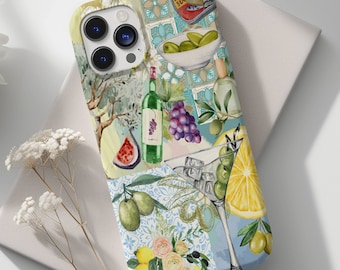 Funda para teléfono con collage de aceitunas en acuarela italiana, verano italiano, verano europeo, funda moderna para iPhone 17, 16, 15, 14, 13, 12, 11 Pro Max y X