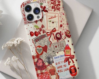 Red Vintage Coquette Collage Phone Case, Preppy & Cute Aesthetic, That Girl, Grunge Bow Print for iPhone 17 16 15 14 13 12 11 Pro Max 8 Plus