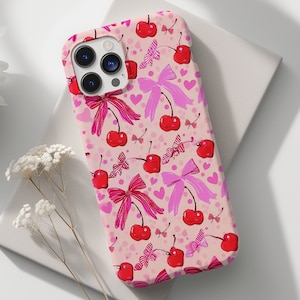 Coquette Cherries and Bows Phone Case, Cute and Preppy Aesthetic, Feminine Girly Phone Case for iPhone 15 14 13 12 11 Pro Max 8 Plus X XR XS