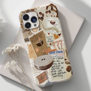 Coque de portable collage martini expresso, coque de portable tendance, martini sale, impression de chariot de bar à cocktails pour iPhone 15 14 13 12 11 Pro Max 8 Plus X XR