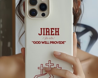 May include: White iPhone case with a red inscription that reads "Jireh /jih-reh/ "God Will Provide". The case features a red silhouette of three crosses on a hill.
