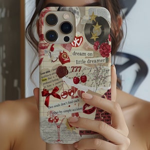 Vintage Cherry Coquette Collage Phone Case, Renaissance Grunge Phone Case, Cherries Print for iPhone 15 14 13 12 11 Pro Max 8 Plus X XR XS