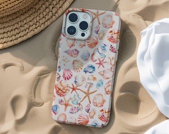 Watercolor Seashell Collage Phone Case, Beachy Tropical Phone Case, iPhone 15 14 13 12 11 Pro Max 8 Plus X, Samsung Galaxy S23 S22 S20 Ultra