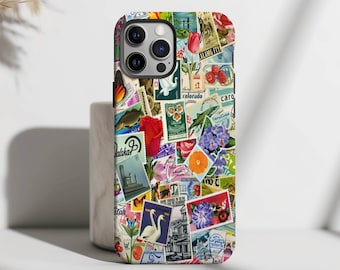 Stamp Collage Phone Case, Trendy Boho Aesthetic, iPhone 15 14 13 12 11 Pro Max 8 Plus X, Samsung Galaxy S23 S22 S20 Ultra