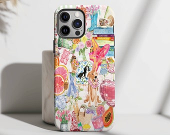 Spring Coquette Watercolor Collage Phone Case, Preppy Aesthetic, iPhone 15 14 13 12 11 Pro Max 8 Plus X, Samsung Galaxy S23 S22 S20 Ultra