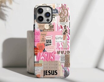 Pink Christian Collage Phone Case, Jesus Phone Case, Religious Gift, iPhone 15 14 13 12 11 Pro Max 8 Plus X, Samsung Galaxy S23 S22 S20