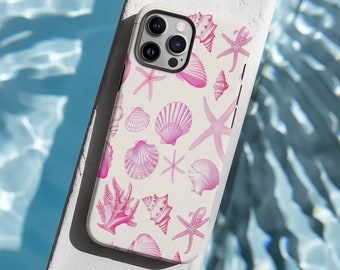 Vintage rose coquillage motif coque de portable, coque de portable étoile de mer plage, iPhone 15 14 13 12 11 Pro Max 8 Plus X, Samsung Galaxy S23 S22 S20