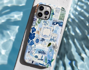 Coque de portable bleue Coastal Coquette collage, coque de portable cow-girl, iPhone 15 14 13 12 11 Pro Max 8 Plus X, Samsung Galaxy S23 S22 S20 Ultra