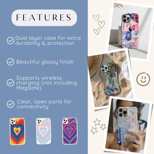 May include: Four phone cases with different designs. The cases are all clear and have a glossy finish. The designs include a rainbow heart, a pink and blue heart, a purple and blue heart, and a floral pattern. The text on the image reads "FEATURES" and lists the features of the phone cases, including dual layer protection, wireless charging, and clear open ports.