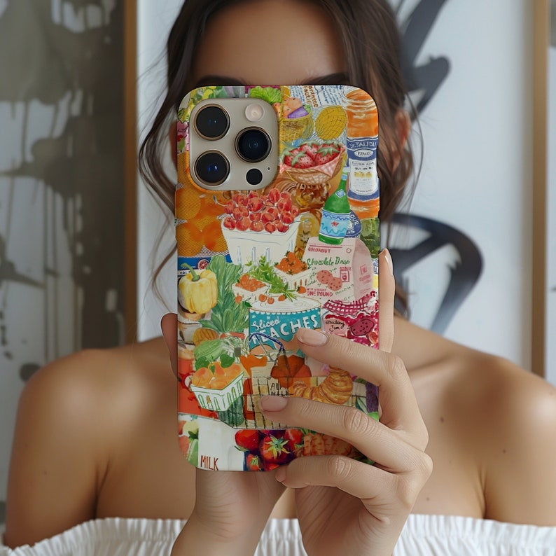 May include: A colorful phone case with a collage of images of food, including fruit, vegetables, and bakery items. The case features a variety of colors and patterns, including red, green, yellow, and blue. The case also includes the text "Sliced Peaches" and "Milk".