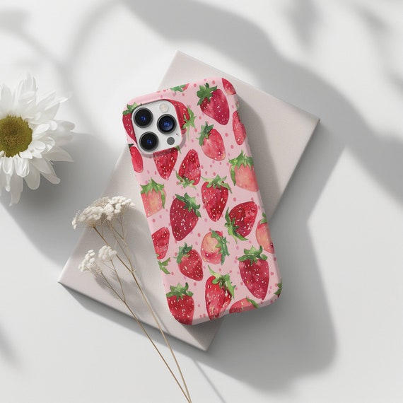 Watercolor Fruity Strawberry Phone Case, Cute Phone Case, Girly Pink Fruit Phone Case for iPhone 16 15 14 13 12 11 Pro Max 8 Plus X XR XS