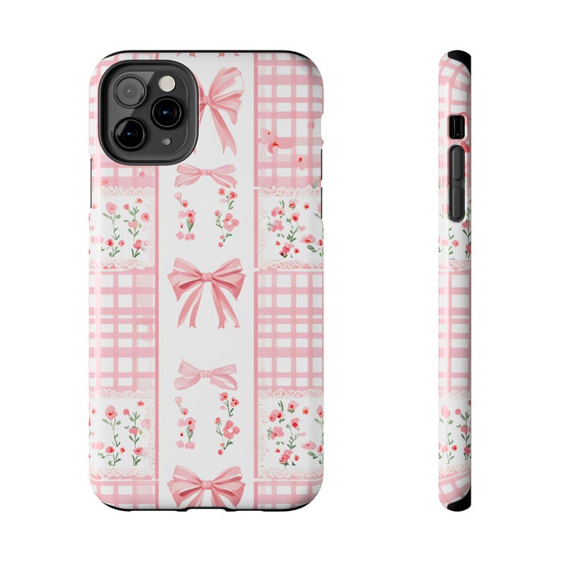 Pink Watercolor Bow and Gingham Phone Case, Soft Floral Coquette Design, Girly Flower Case for for 17 16 15 14 13 12 11 Pro Max X XR XS image 5