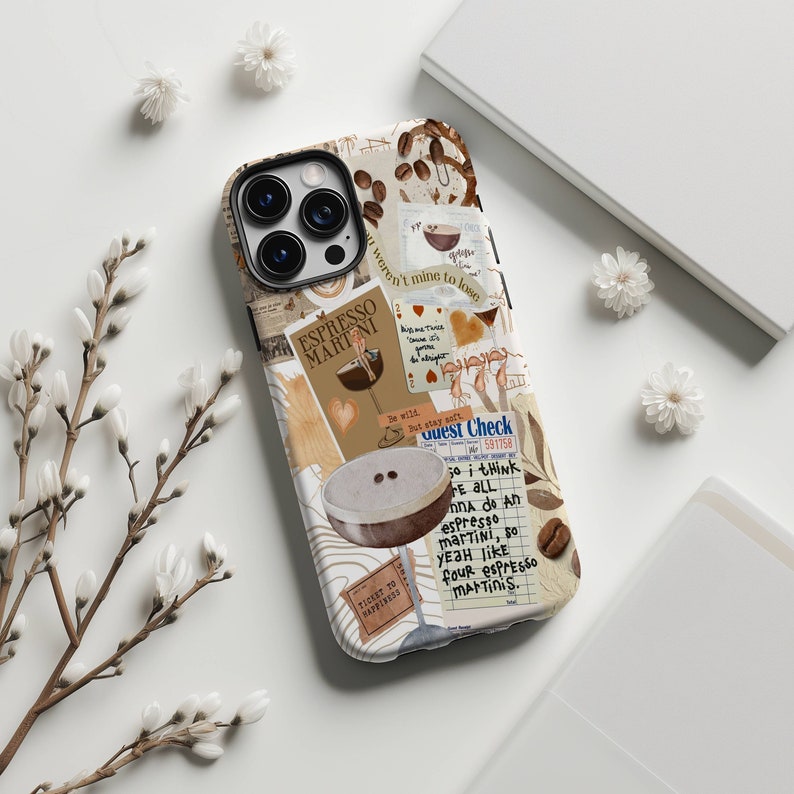 May include: A white iPhone case with a collage of images and text. The images include coffee beans, a coffee cup, a cocktail glass, and a heart. The text includes "Espresso Martini", "Guest Check", and "Ticket to Happiness".
