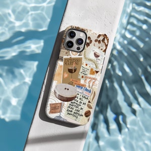 May include: A phone case with a collage design featuring coffee beans, a coffee cup, a cocktail glass, and text that says "Espresso Martini" and "Guest Check".