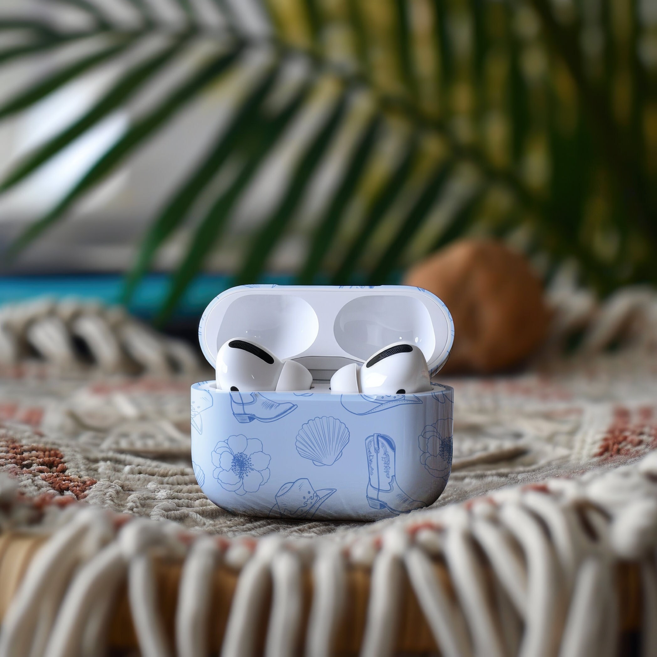 Blue Coastal Cowgirl Collage AirPods Case, Cute AirPods Pro Case, Beachy Coconut Girl Print, Yeehaw Surfs Up Cowgirl AirPods Pro Gen 1, 2, 3