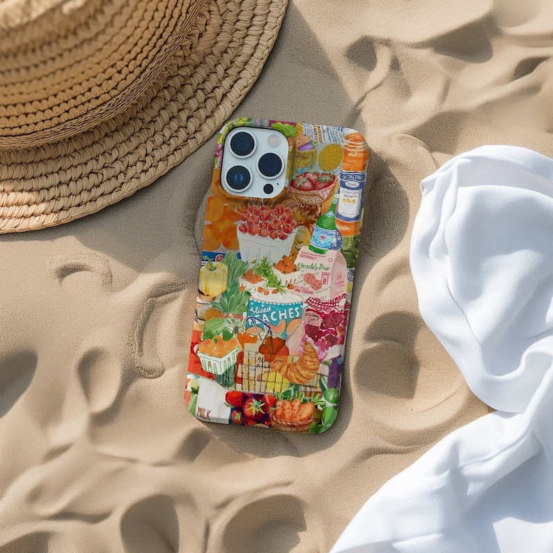 May include: A colorful phone case with a collage of various fruits, vegetables, and food items, including peaches, strawberries, and milk. The case has a vintage aesthetic and features a red and white checkered pattern.