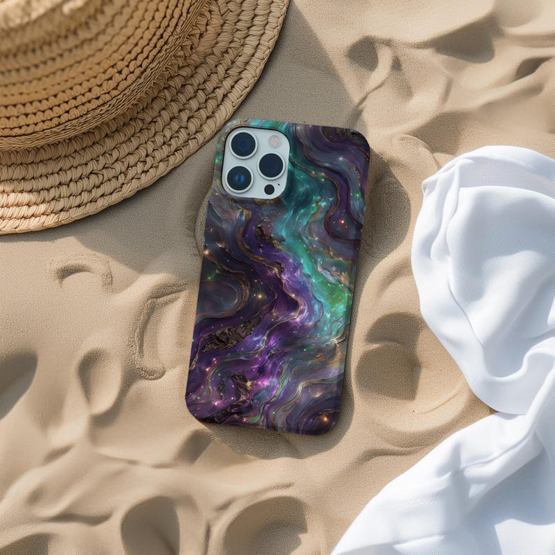 May include: A phone case with a galaxy-like design featuring swirling purple, green, and gold colours. The case has a black background and a textured surface.
