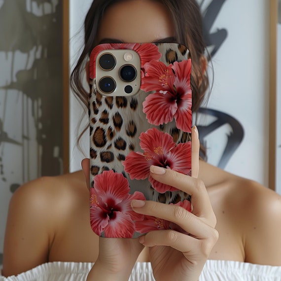 Tropical Red Hibiscus Leopard Print Phone Case, Beachy Floral Case, Trendy Animal Print Case for iPhone 17 16 15 14 13 12 11 Pro Max 8 Plus