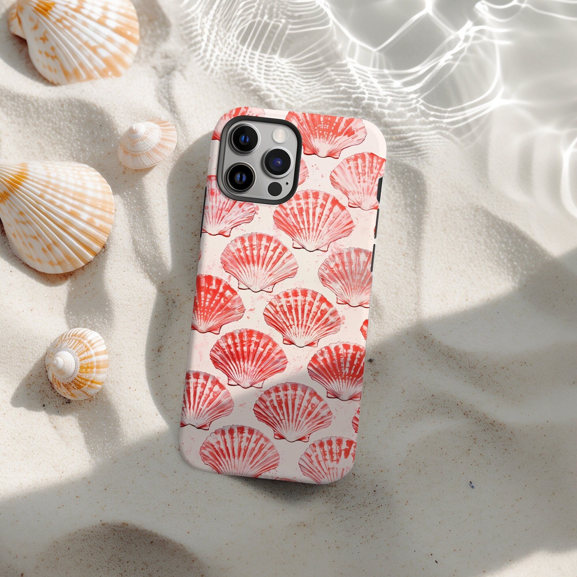 Red Rustic Seashell Collage Phone Case, Cute Beachy Vintage Print, Ocean Phone Case for iPhone 15 14 13 12 11 Pro Max 8 Plus X XR XS