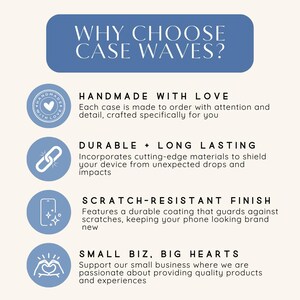 K&ouml;nnte beinhalten: Warum Case Waves w&auml;hlen? Eine Grafik mit vier Gr&uuml;nden, sich f&uuml;r Case Waves zu entscheiden: Handgefertigt mit Liebe, Langlebig und strapazierf&auml;hig, Kratzfestes Finish und Kleines Unternehmen, gro&szlig;es Herz.