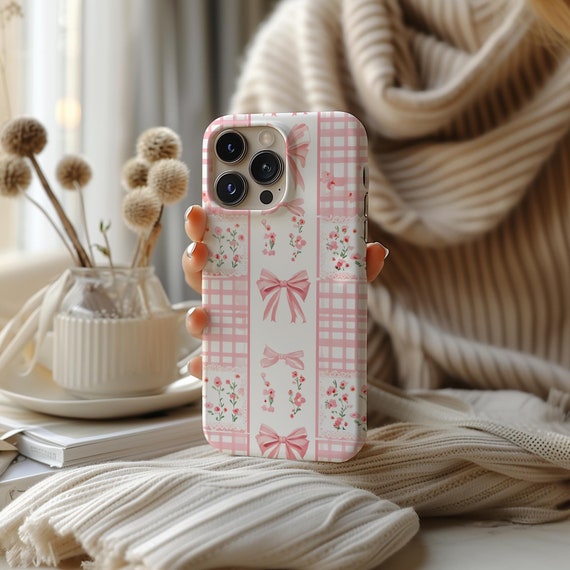 Pink Watercolor Bow and Gingham Phone Case, Soft Floral Coquette Design, Girly Flower Case for for 17 16 15 14 13  12 11 Pro Max X XR XS