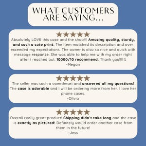 three customer reviews for a product, with a blue background and white text. The reviews express positive feedback about the product, including its quality, sturdiness, and cute design. The reviews also mention the seller's helpfulness and the satisfaction of ordering from her.