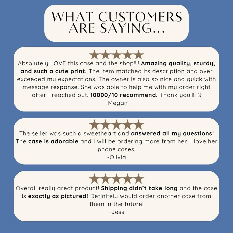 three customer reviews for a product, with a blue background and white text. The reviews express positive feedback about the product, including its quality, sturdiness, and cute design. The reviews also mention the seller's helpfulness and the satisfaction of ordering from her.