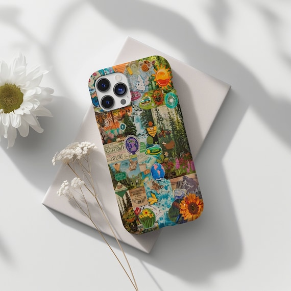 Vintage Granola Girl Collage Phone Case, Nature Themed, Girl Scout Gift, Stamp Collage Case for iPhone 17 16 15 14 13 12 11 Pro Max 8 Plus X