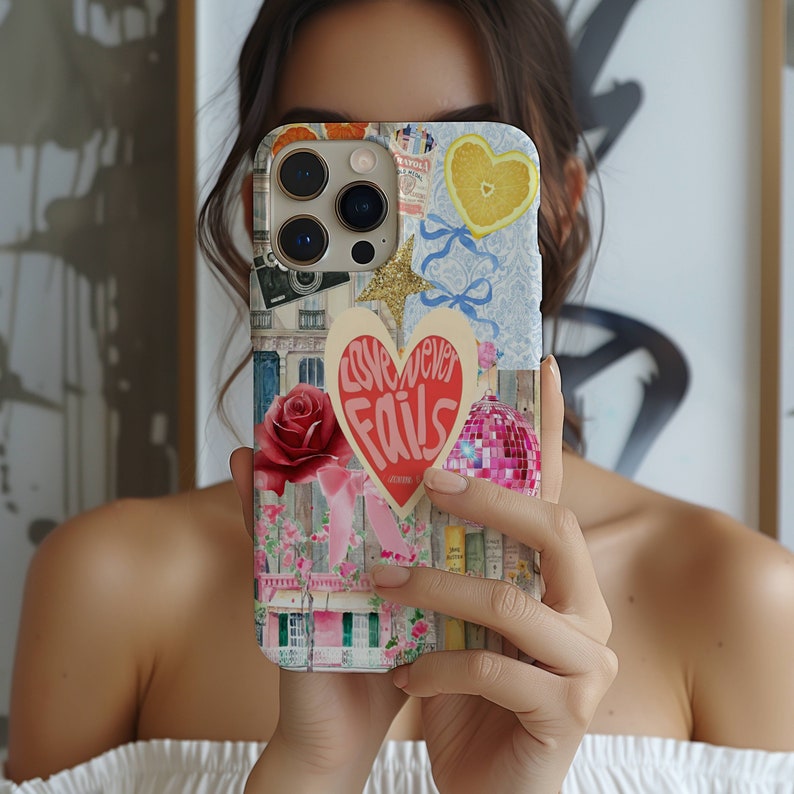 May include: A colorful phone case with a collage of images, including a heart with the text "Love never fails", a rose, a camera, and a lemon. The case is designed for an iPhone.
