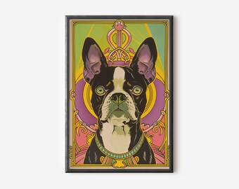 Decoración de pared con Boston Terrier / Lámina artística de perro / Póster de perro Art Nouveau / Decoración para el hogar con temática canina / Descarga digital