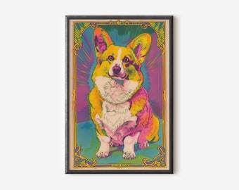 Corgis Wandkunst | Hund Kunstdruck | Psychedelischer Hund Poster | Geschenk für Hundeliebhaber | Digitaler Download