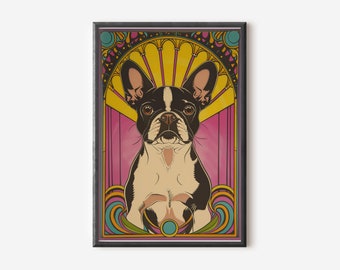 Decoración de pared con Boston Terrier / Lámina de perro vibrante / Póster de perro Art Nouveau / Regalo para amantes de los perros / Descarga digital