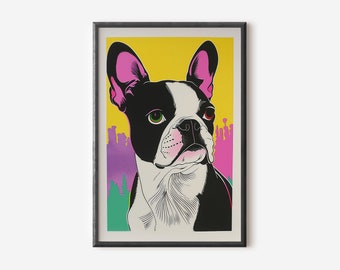 Decoración de pared con Boston Terrier / Arte animal colorido / Póster de perro estilo boho / Lámina de arte canino / Descarga digital