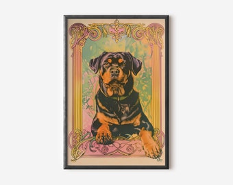 Dekoracja ścienna z rottweilerem | Kolorowy nadruk z psem | Plakat z psem w stylu retro | Grafika z psem | Pobieranie cyfrowe