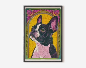 Lámina decorativa de Boston Terrier / Estampado de perro vibrante / Póster abstracto de perro / Regalo para amantes de los perros / Descarga digital