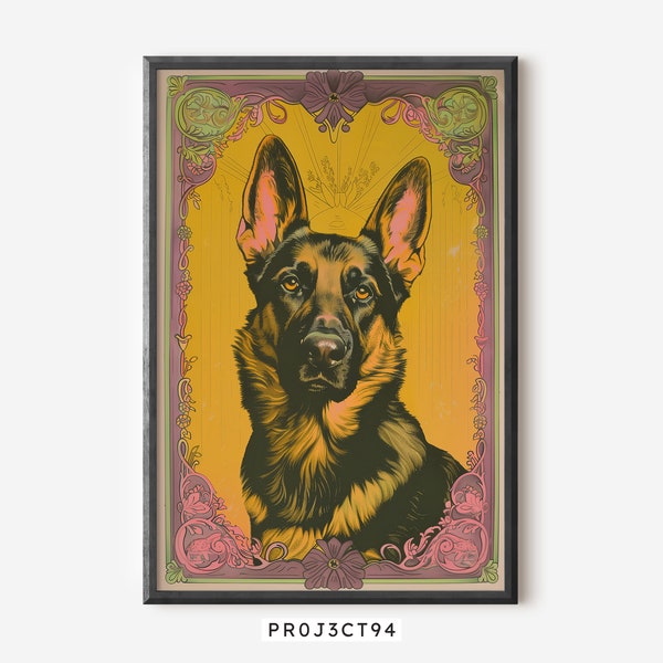 Majestic German Shepherd Art Nouveau Poster, Vibrant Dog Illustration, Unique Pet Art Print