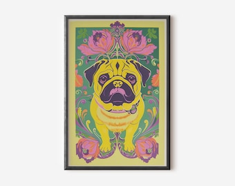 Pug Wall Art | Colorful Pet Art | Trippy Dog Poster | Unique Dog Gift | Digital Download