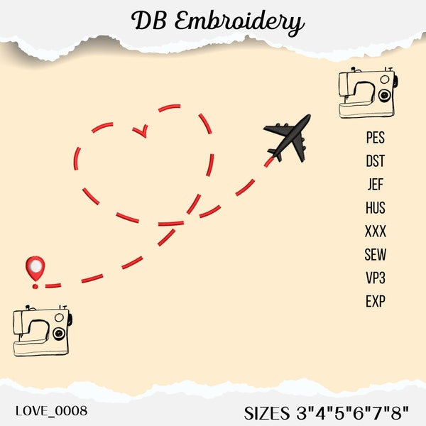 Versatile Travel Love Plane Embroidery Design, Multiple Sizes , Formats, Ideal for Home Projects