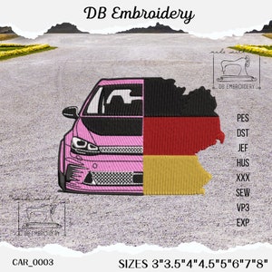 Könnte beinhalten: Stickdatei einer pinkfarbenen Autos mit einer deutschen Flagge. Das Design ist in den Größen 7,6 cm bis 20,3 cm erhältlich. Das Design ist in folgenden Formaten verfügbar: PES, DST, JEF, HUS, XXX, SEW, VP3, EXP.