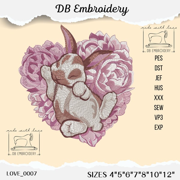 Adorable Sleeping Bunny on Peony Flower Embroidery Design, Available in Multiple Sizes , Ideal for Baby , Home Decor